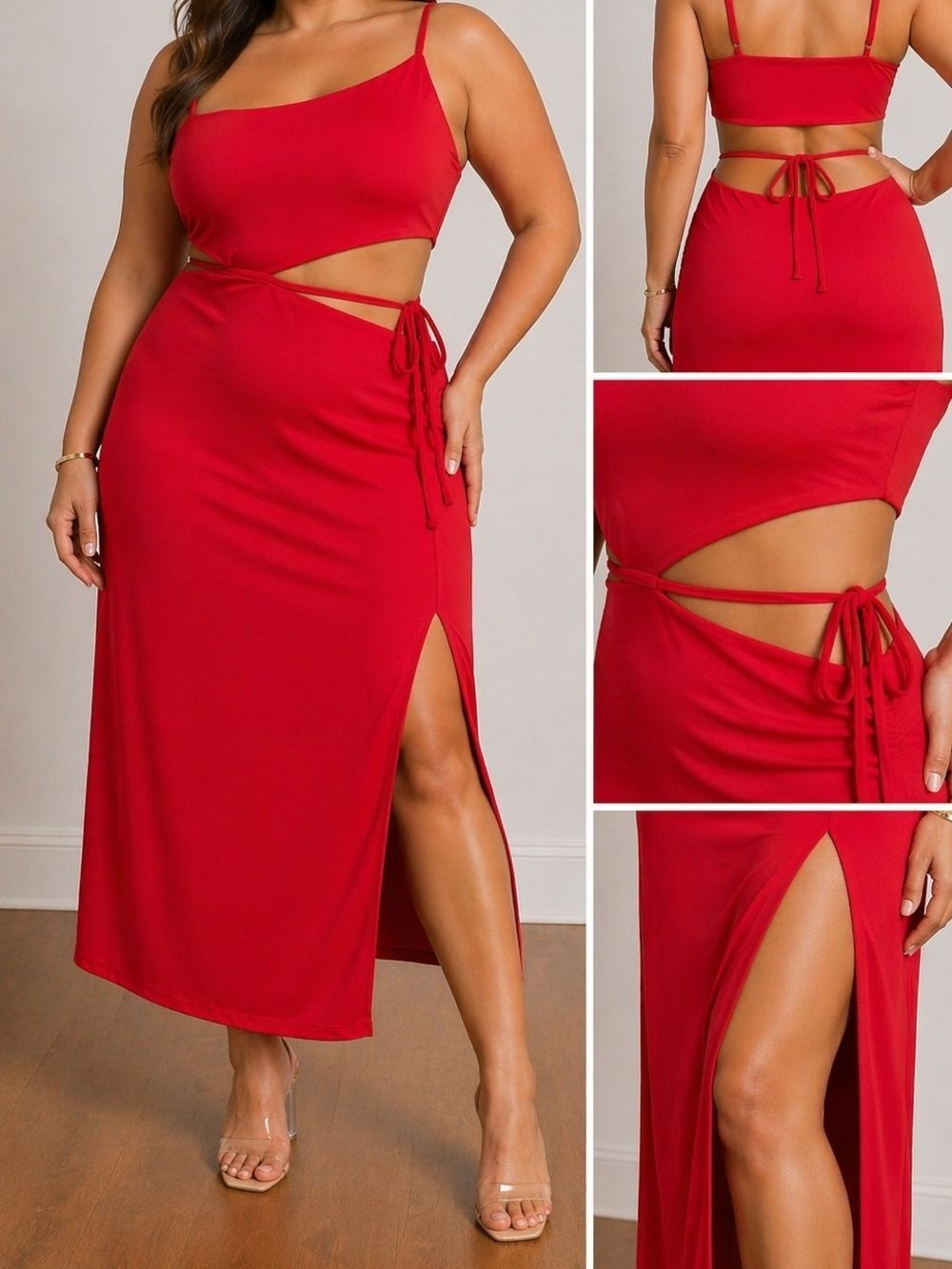 Lulus Hot Take Red Asymmetrical Cutout Midi Dress XL Side Tie Slit